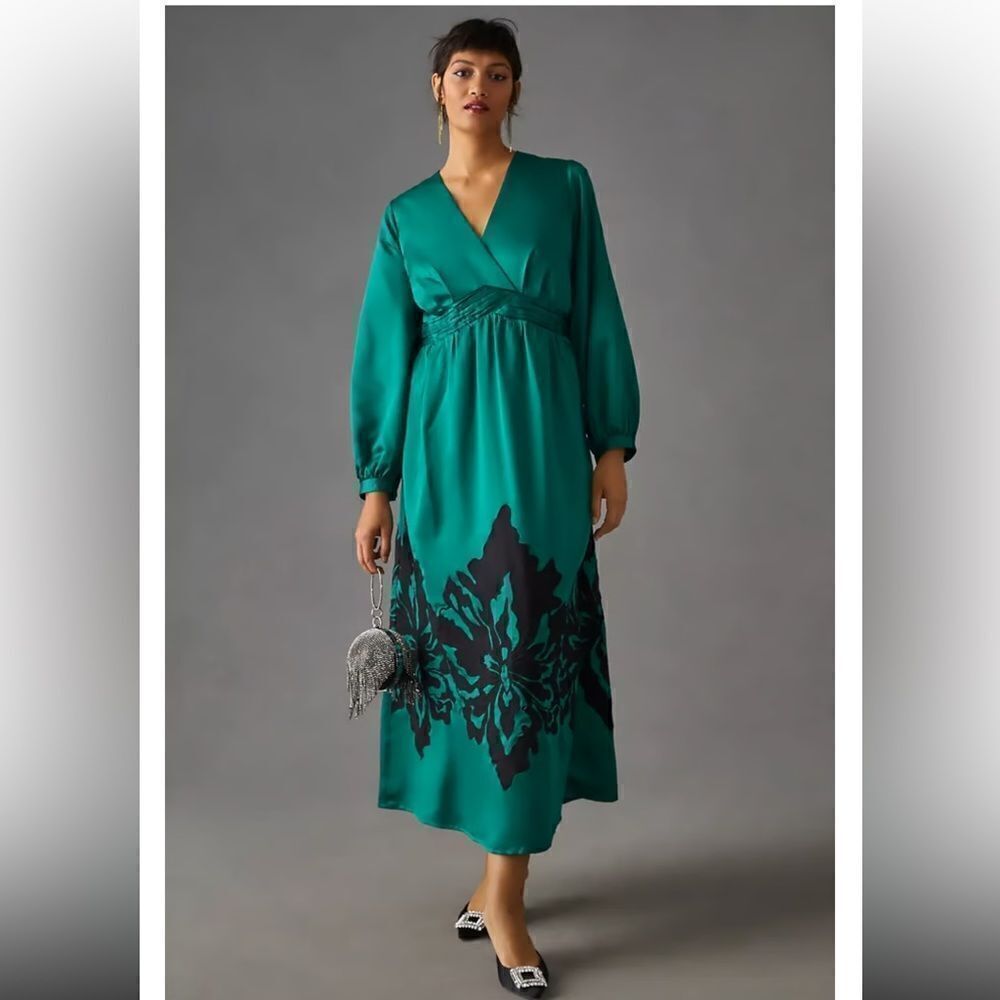 NWT Nikasha Embroidered Satin Dress Emerald Anthropologie XS - Picture 9 of 15